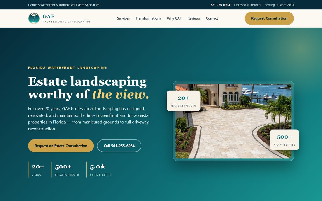 GAF Professional Landscaping — luxury waterfront estate site